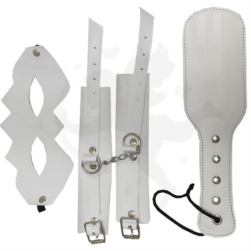 Kit de cuero Esposas + Antifaz + Fusta blanco
